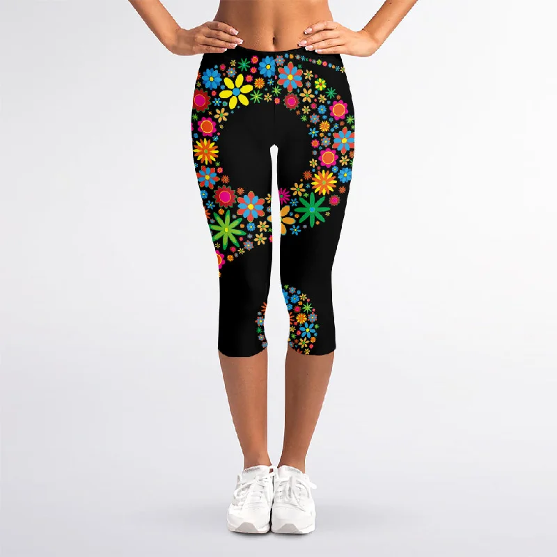 Colorful Flowers Yin Yang Print Women's Capri Leggings Elegant Embellished Leggings