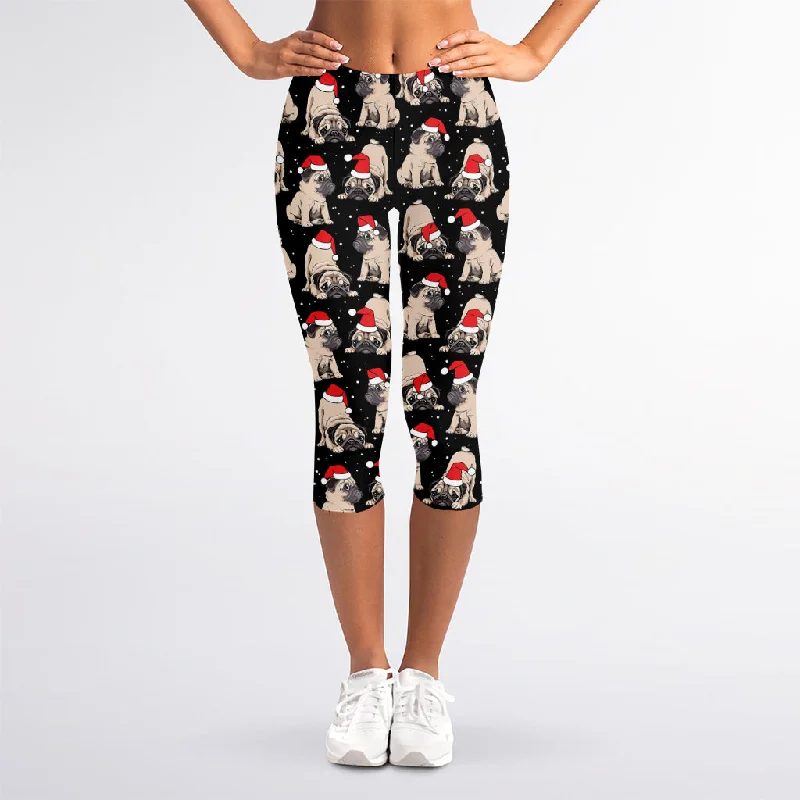 Christmas Santa Pug Pattern Print Women's Capri Leggings Fashionable Minimal Active Leggings