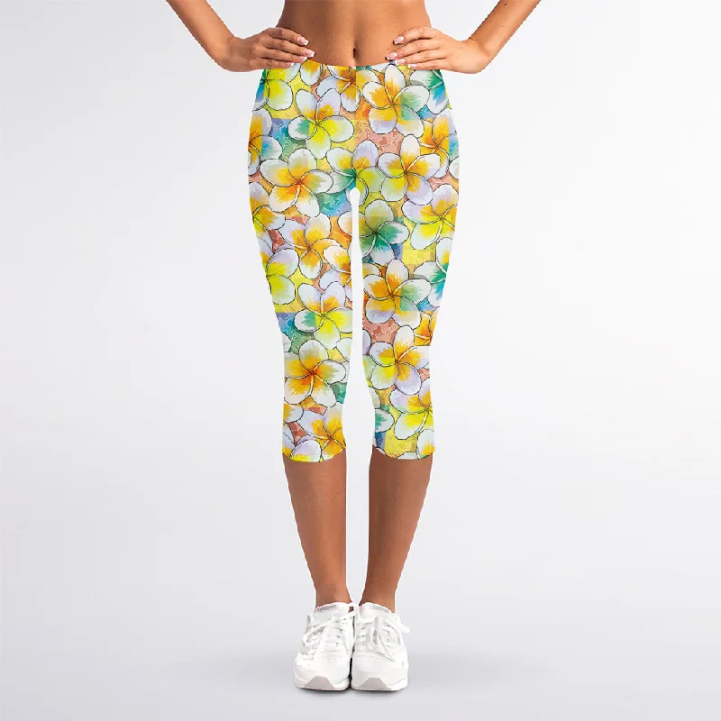 Colorful Frangipani Pattern Print Women's Capri Leggings Trendy High-Waist Tummy Control Leggings