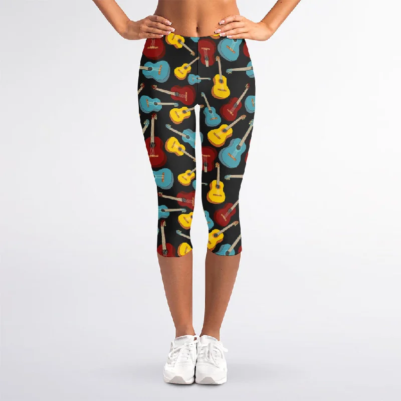 Colorful Guitar Pattern Print Women's Capri Leggings Stylish Pockets Active Leggings