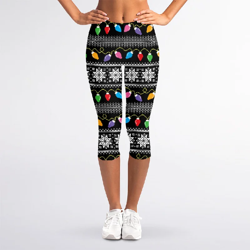 Christmas Tree Lights Print Women's Capri Leggings Comfortable Slim Fit Leggings