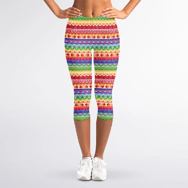 Colorful Aztec Tribal Pattern Print Women's Capri Leggings Comfortable Fleece-Lined Leggings