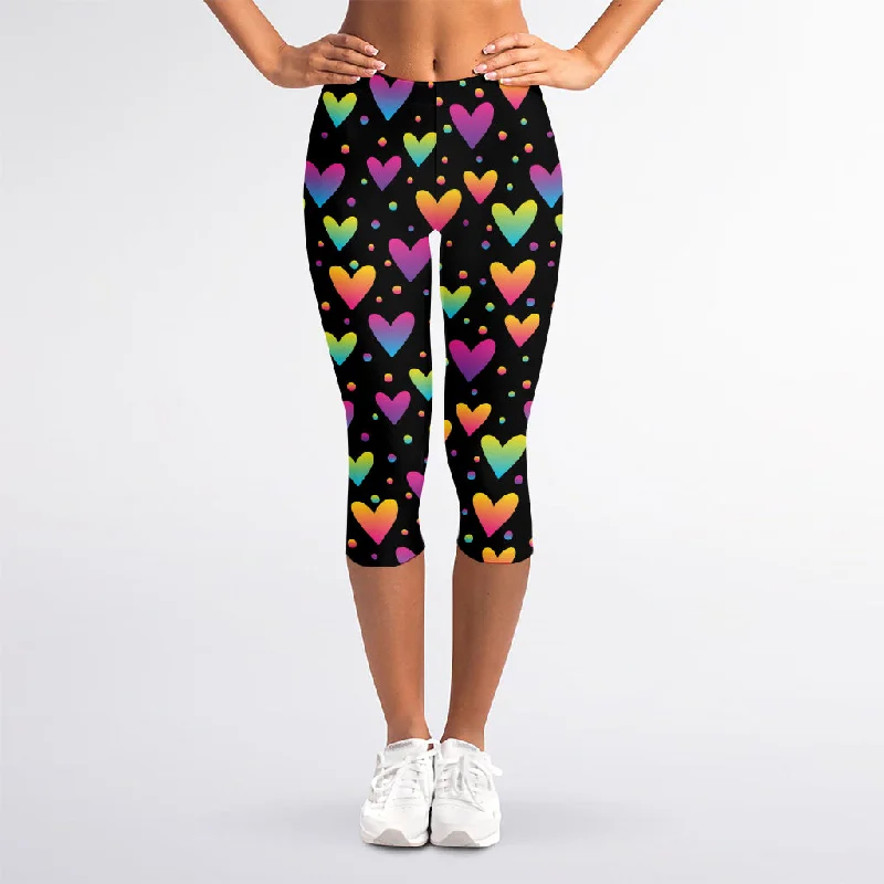 Colorful Heart Pattern Print Women's Capri Leggings Chic Velvet Soft Leggings