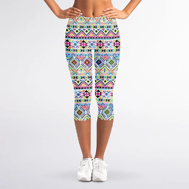 Colorful Aztec Geometric Pattern Print Women's Capri Leggings Trendy Activewear Leggings