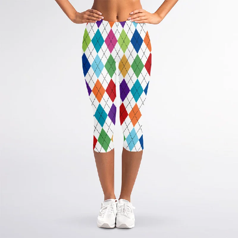 Colorful Argyle Pattern Print Women's Capri Leggings Comfortable Plus Size Leggings