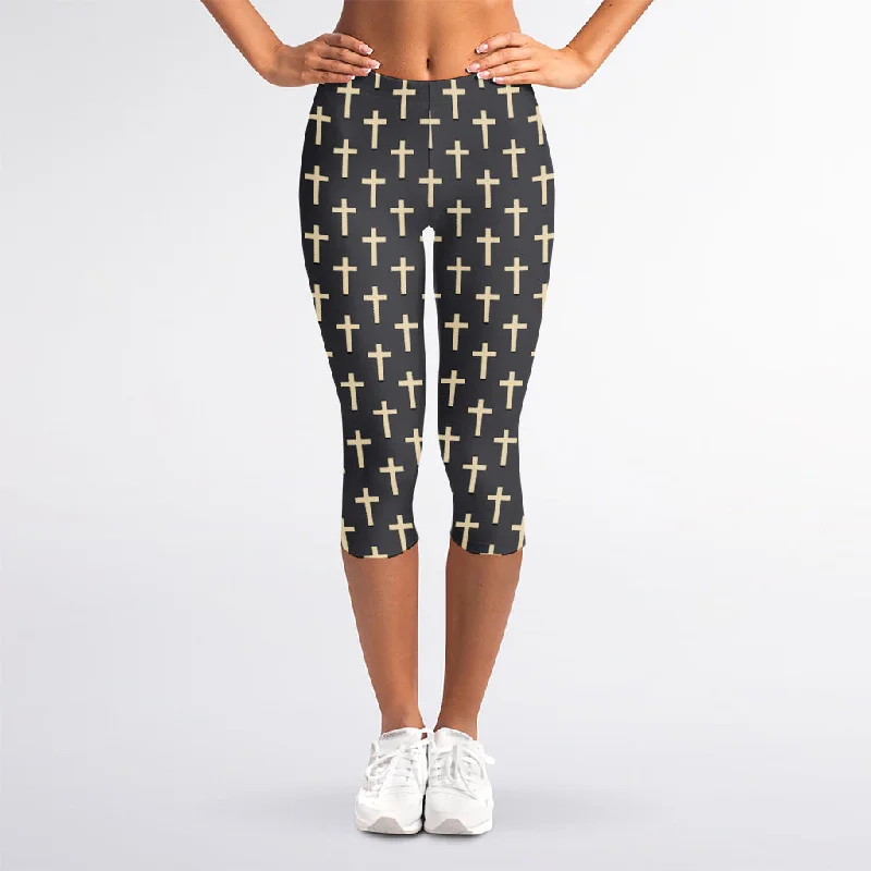 Christian Cross Pattern Print Women's Capri Leggings Comfortable Tummy Shaping Leggings