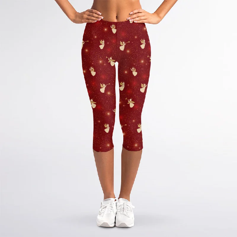 Christmas Angel Pattern Print Women's Capri Leggings Cozy Oversized Leggings