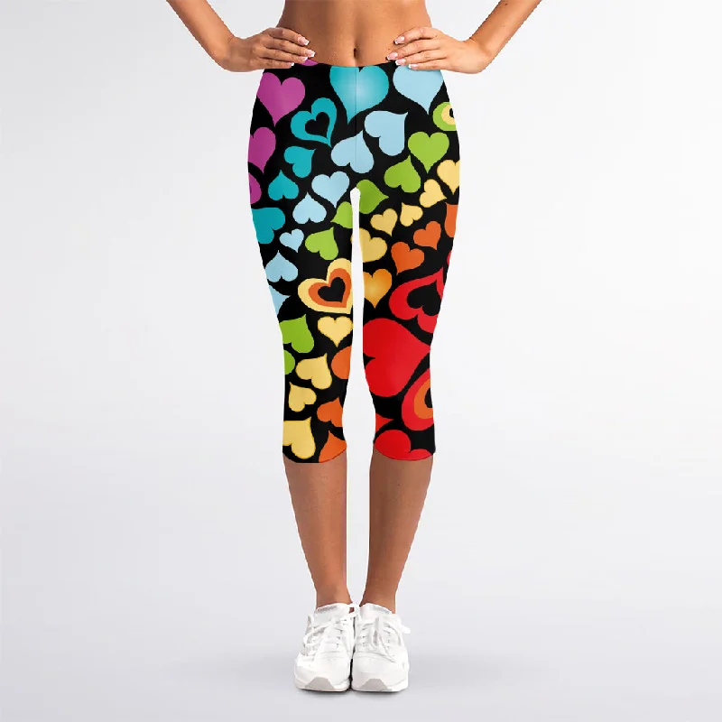 Colorful Heart Wave Pattern Print Women's Capri Leggings Fashionable Sports Leggings