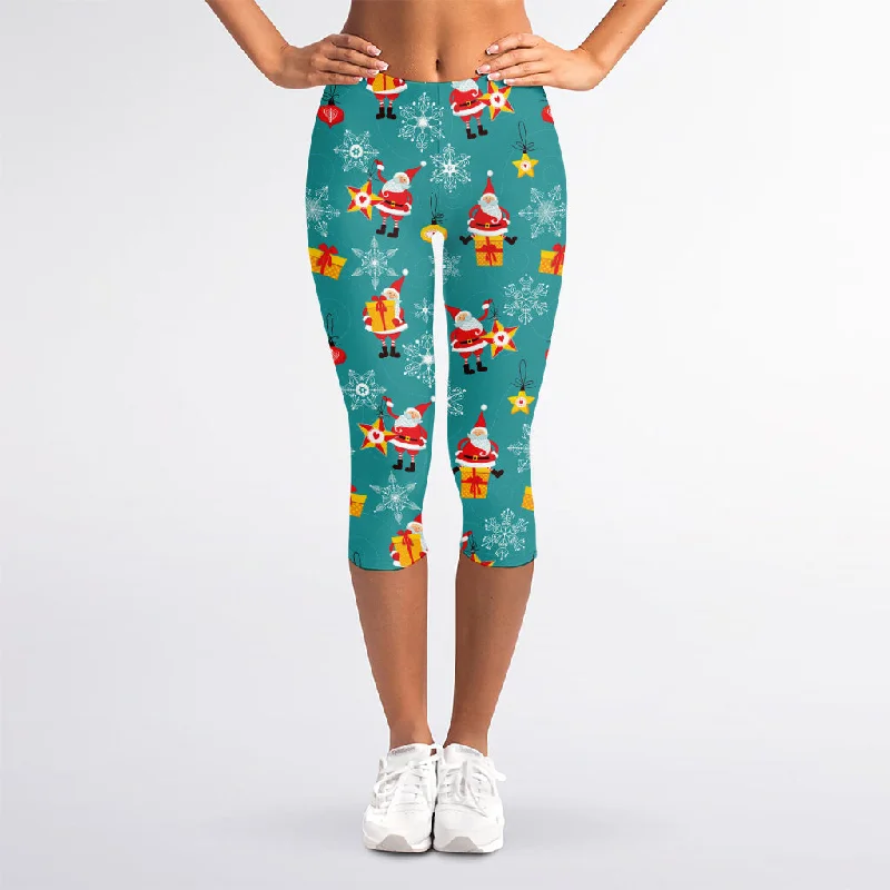 Christmas Santa Gift Pattern Print Women's Capri Leggings Comfortable Stretch Leggings