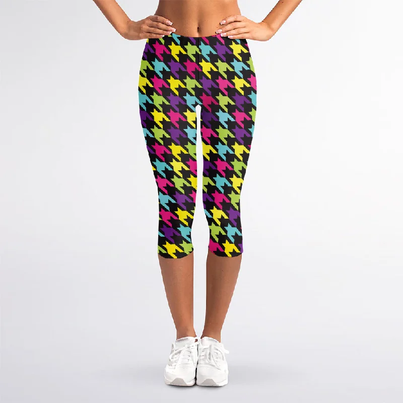 Colorful Houndstooth Pattern Print Women's Capri Leggings Trendy Sports Performance Leggings