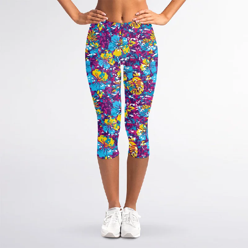 Colorful Aloha Camouflage Flower Print Women's Capri Leggings Cozy Ribbed Leggings