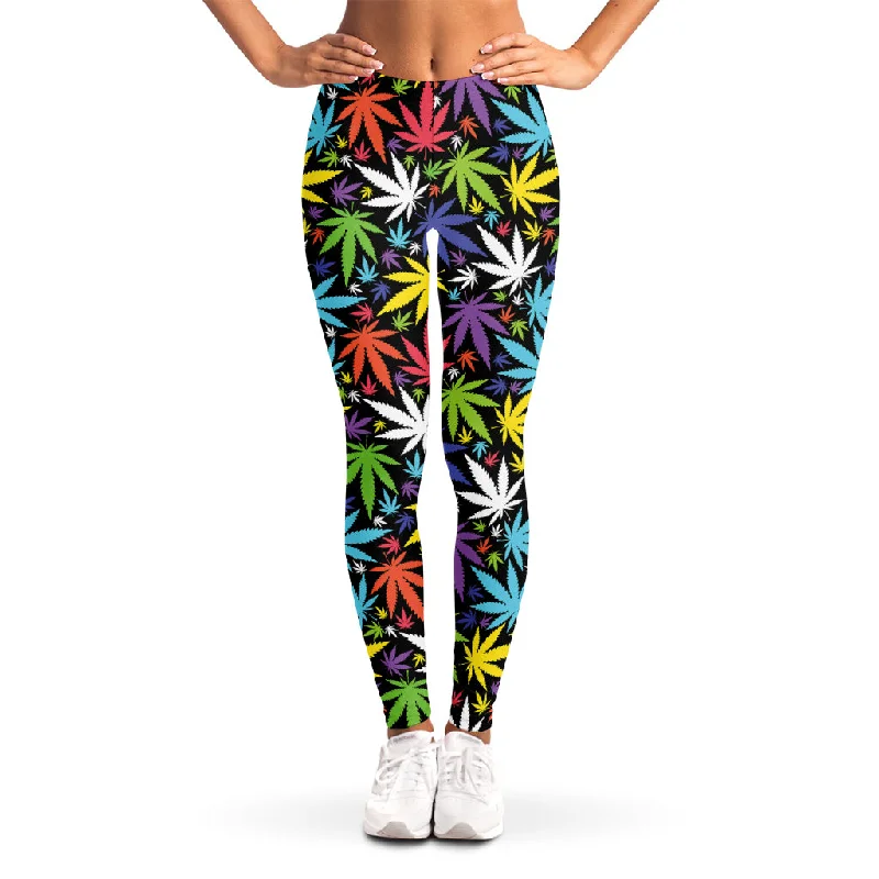 Colorful Weed Leaf Pattern Print Women's Leggings Cozy Fashion Leggings