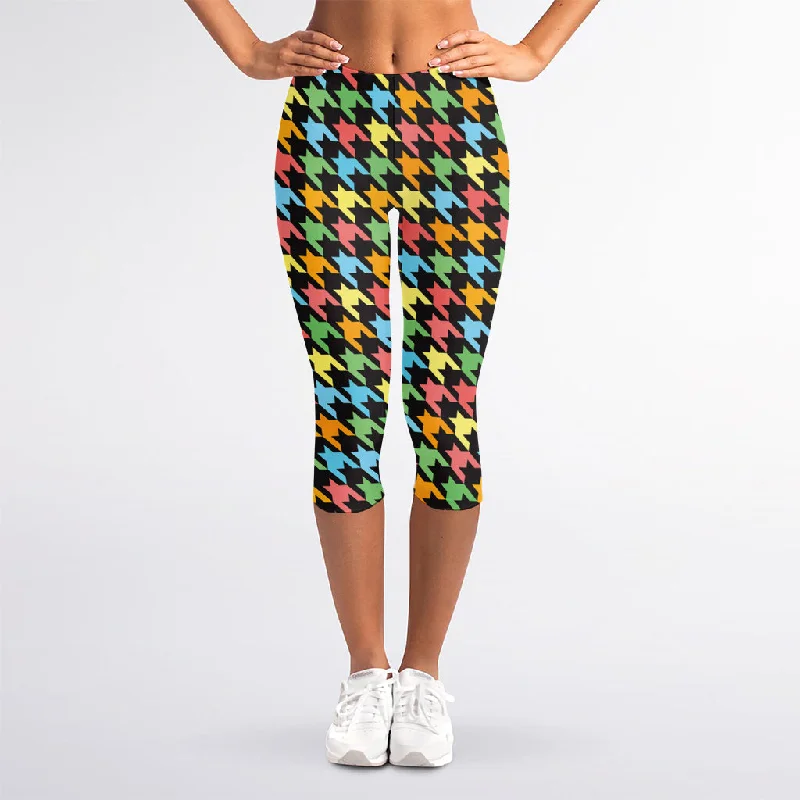 Colorful Houndstooth Print Women's Capri Leggings Comfortable Workout Fitness Leggings