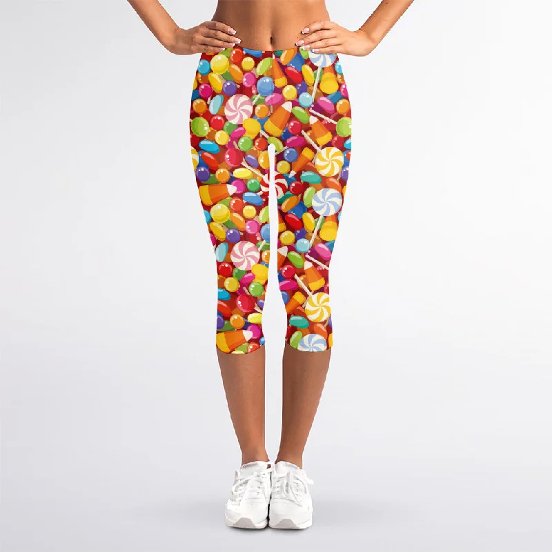 Colorful Candy Pattern Print Women's Capri Leggings Trendy Leather-Look Workout Leggings