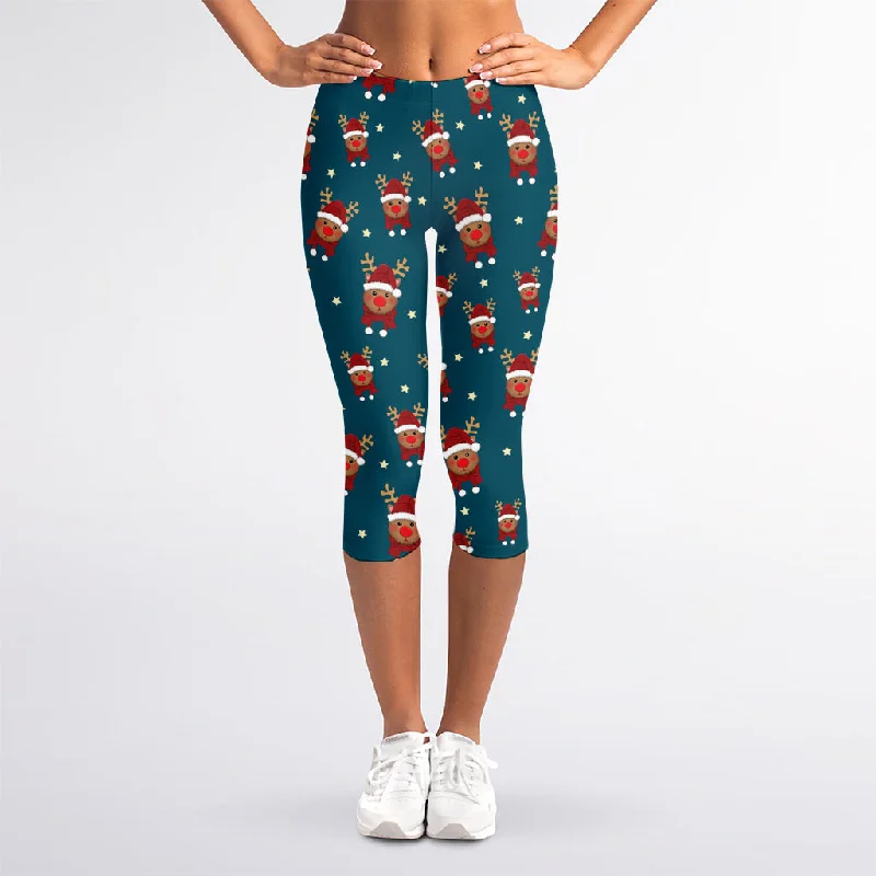 Christmas Santa Reindeer Pattern Print Women's Capri Leggings Trendy Colorblock Print Leggings