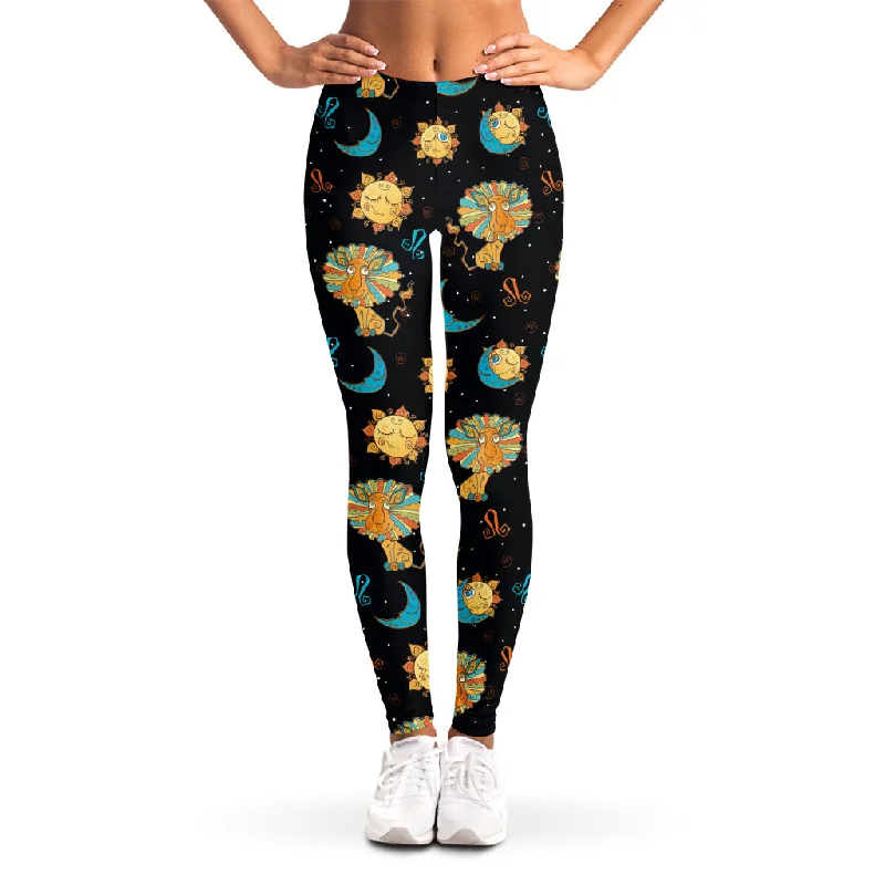 Cute Cartoon Leo Pattern Print Women's Leggings Trendy Adjustable Waist Leggings