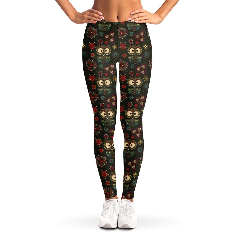 Cute Boho Owl Pattern Print Women's Leggings Comfortable Full-Body Compression Leggings