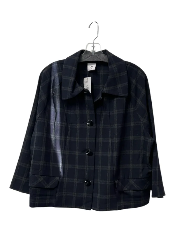 Cabi Size XL Navy plaid Poly & Rayon Plaid Button Front Long Sleeve Jacket Knit Fabric Woven Fabric Fleece Fabric