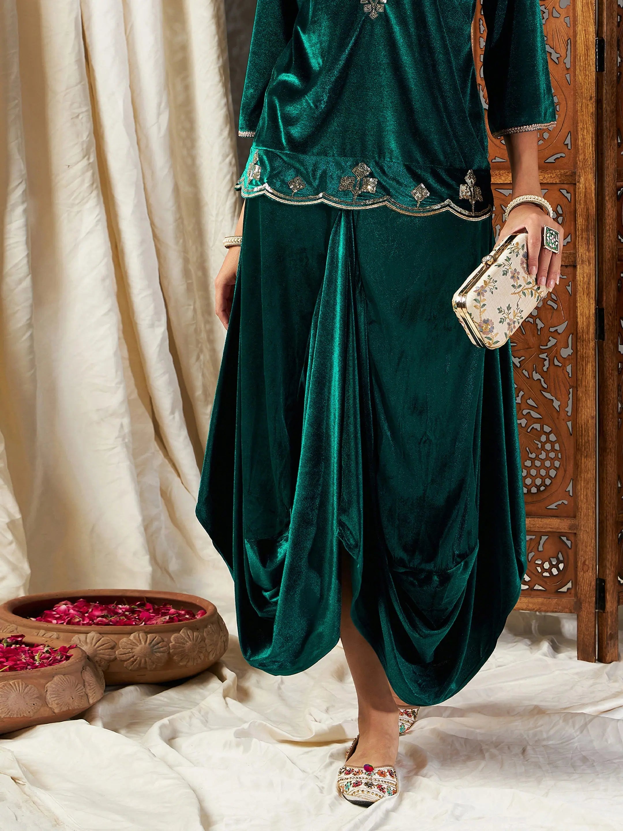 Women Green Velvet Dhoti Skirt cashmere skirt plush