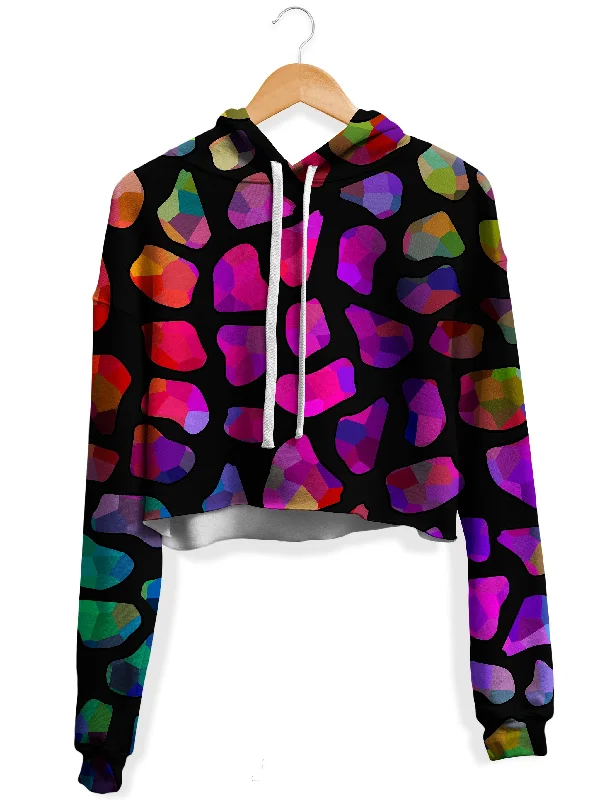 Jewel Giraffe Spots Fleece Crop Hoodie Hoodie with Raw Hem Edgy Unfinished