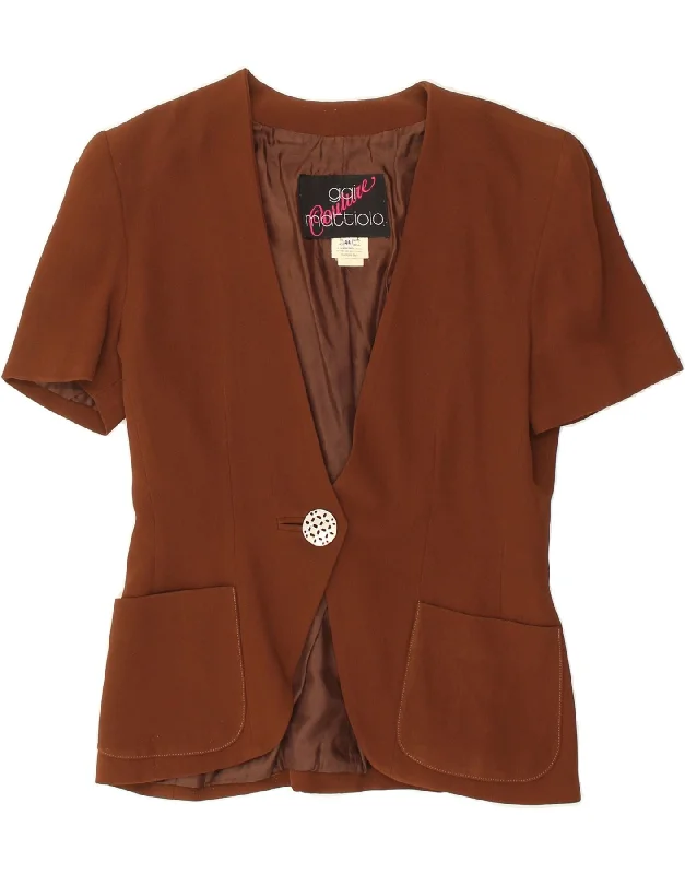 GAI MATTIOLO Womens Short Sleeve 1 Button Blazer Jacket IT 44 Medium Brown A-Line Jacket Boat Neck Shawl Collar