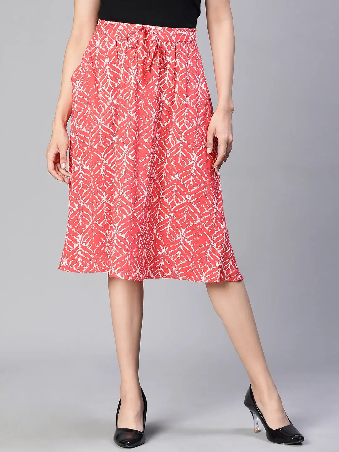 Women red printed elasticatedwith tie-up knee length skirt maxi skirt elegant