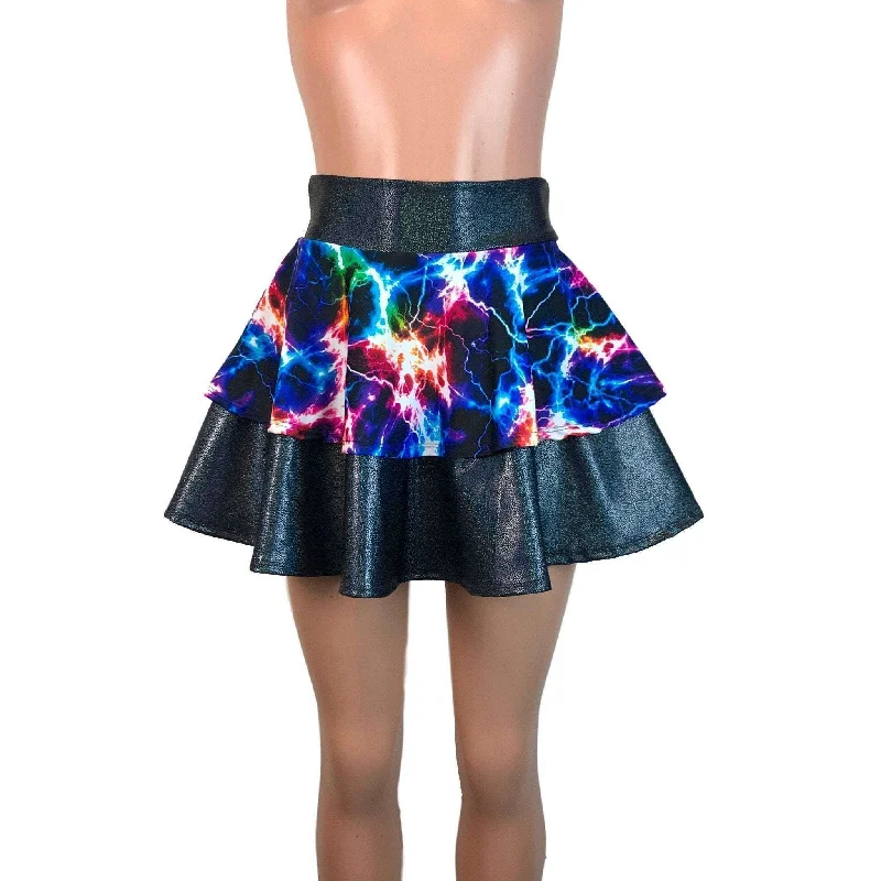 SALE - SMALL ONLY - 2-Layer Skater Skirt - Black Holo W/ Cosmic Thunder UV Glow silk skirt smooth