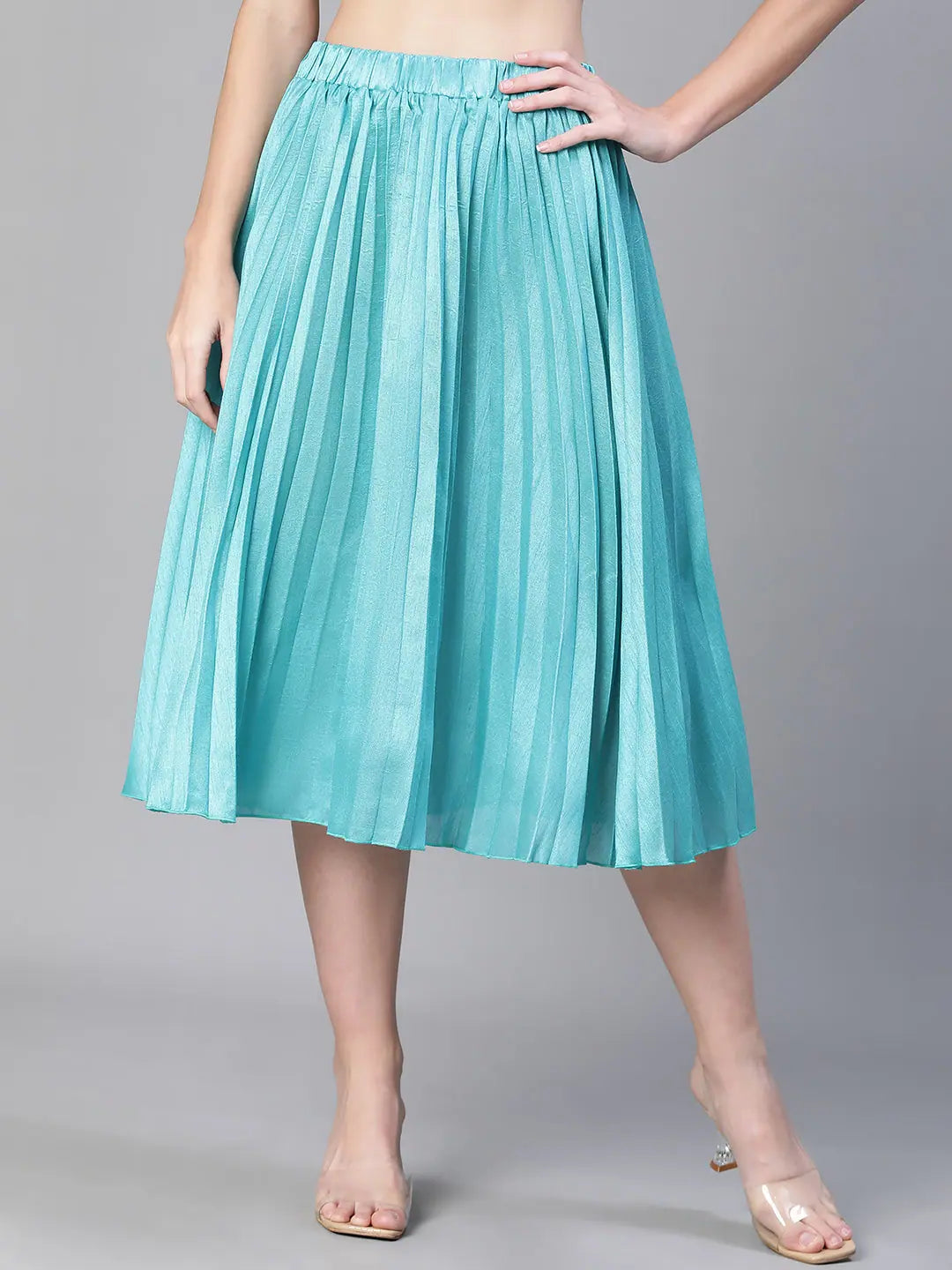 Women solid blue dupion silk pleated & elasticated skirt cotton skirt soft