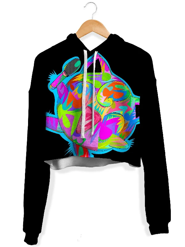 Jiggly Black Fleece Crop Hoodie Hoodie with Neon Bright Vibrant