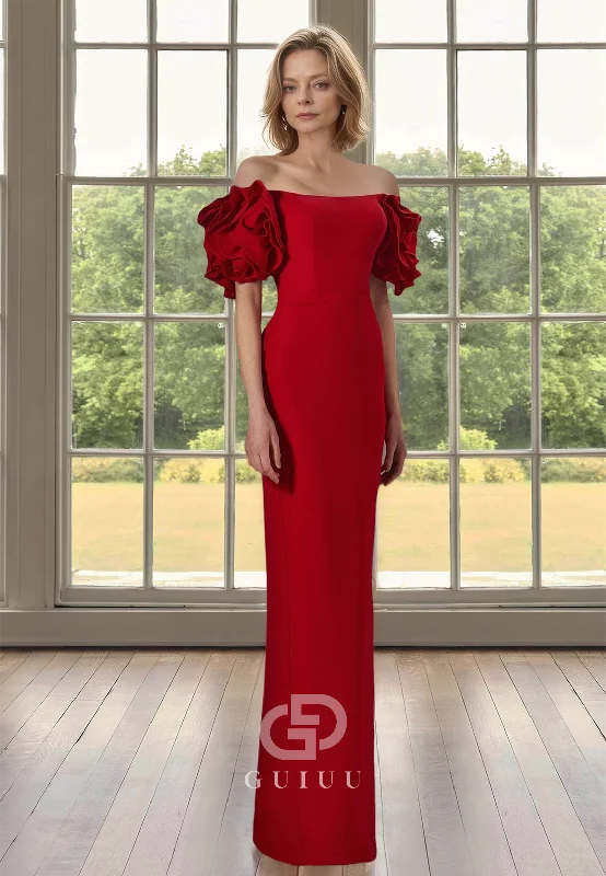 Red Sheath Off-Shoulder Short Sleeves Slit Satin Mother of the Bride Dress Tunics Chic elegant