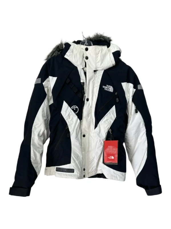 The North Face Size XS/S White & Black Nylon Button Hood Faux Fur Jacket Tailored Jacket Straight Jacket A-Line Jacket