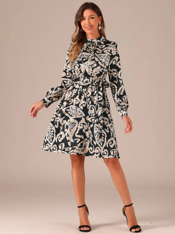 Mock Neck Swing Knee Length Long Sleeve A-line Floral Dress Tunics Stylish elegant