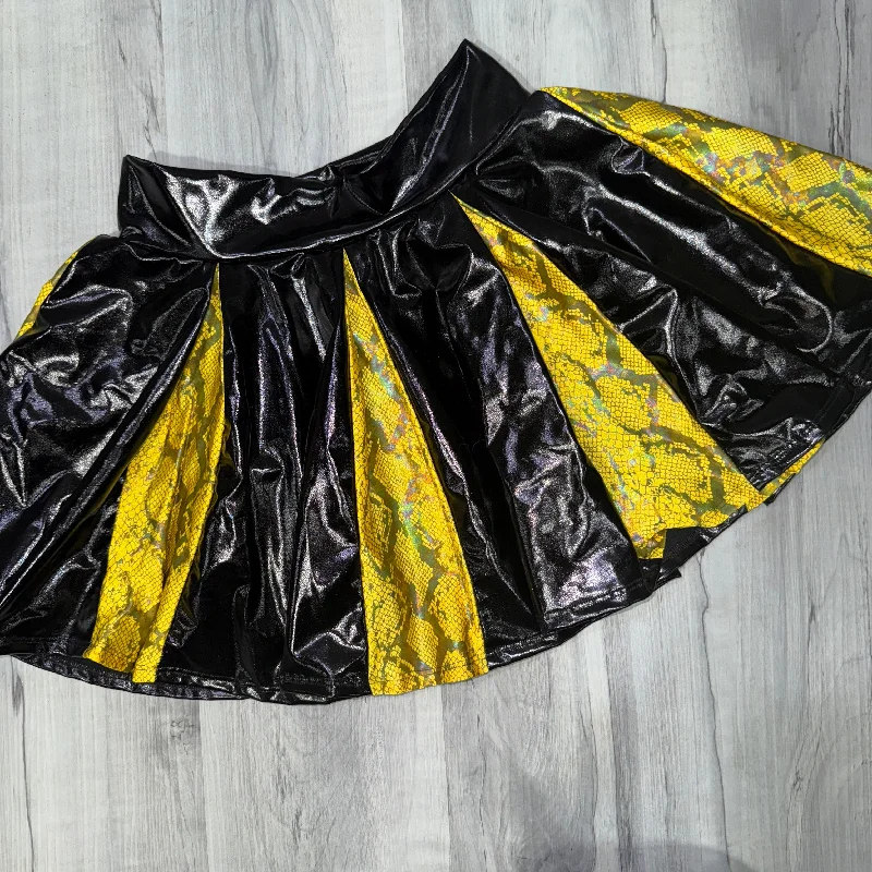 SALE - MEDIUM Pleated Skater Skirt in Black Metallic and Yellow Snakeskin velvet skirt glossy