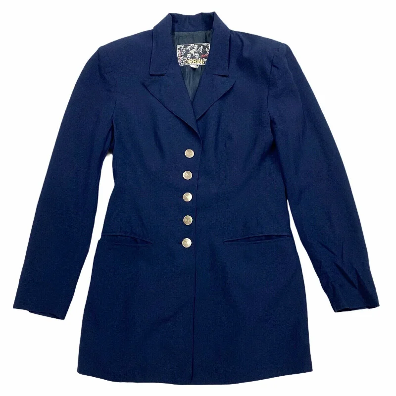 Cerini Women's Mid Length Blazer Style Lapel Jacket | Vintage Designer Navy Blue Welt Pockets Slit Pockets Flap Pockets