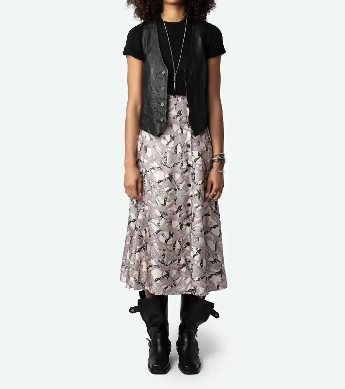 June Twill Wild Chaines Skirt In Ecru silk skirt lustrous