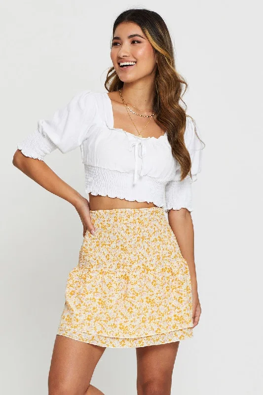 Print Shirred Waist Skater Skirt modal blend skirt