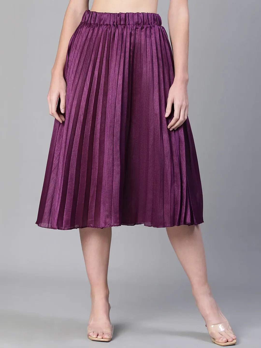 Women purple pleated & elasticated dupion silk skirt spandex blend skirt