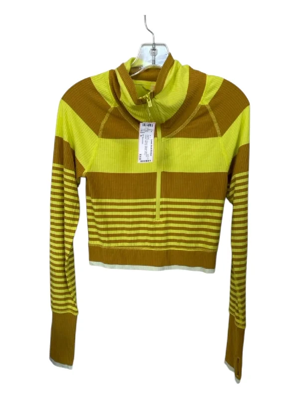 FP Movement Size S Yellow & Brown Viscose High Neck Striped Half Zip Jacket Zippered Jacket Buttoned Jacket Snapped Jacket