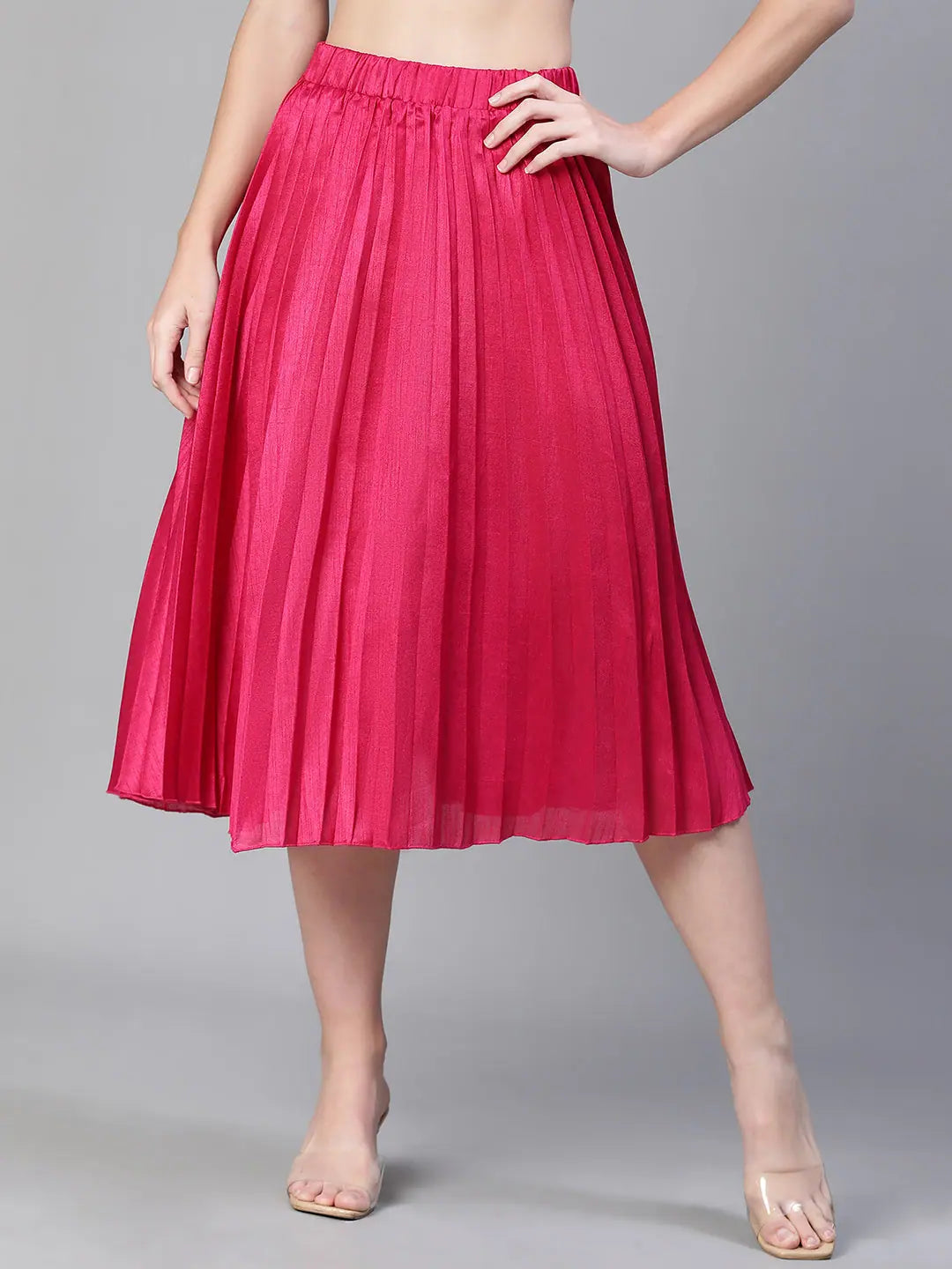 Women pink pleated & elasticated dupion silk skirt high waist skirt