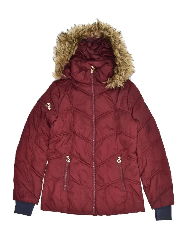 NAUTICA Womens Hooded Padded Jacket UK 10 Small Burgundy Polyester Faux Fur Fabric Real Fur Fabric Shearling Fabric