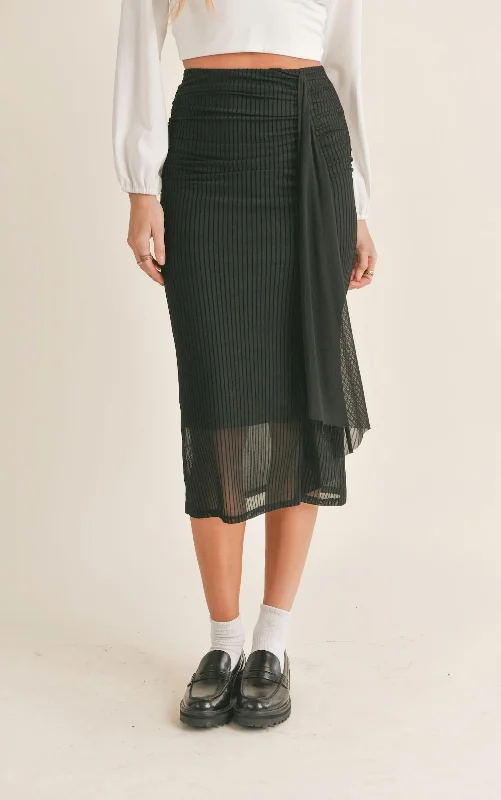 Ruched Midi Skirt In Black linen skirt breathable