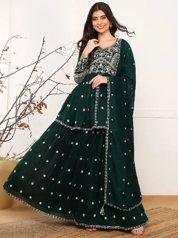 Green Silk Blend Solid Embroidered A-Line Kurta Skirt With Dupatta corduroy skirt durable