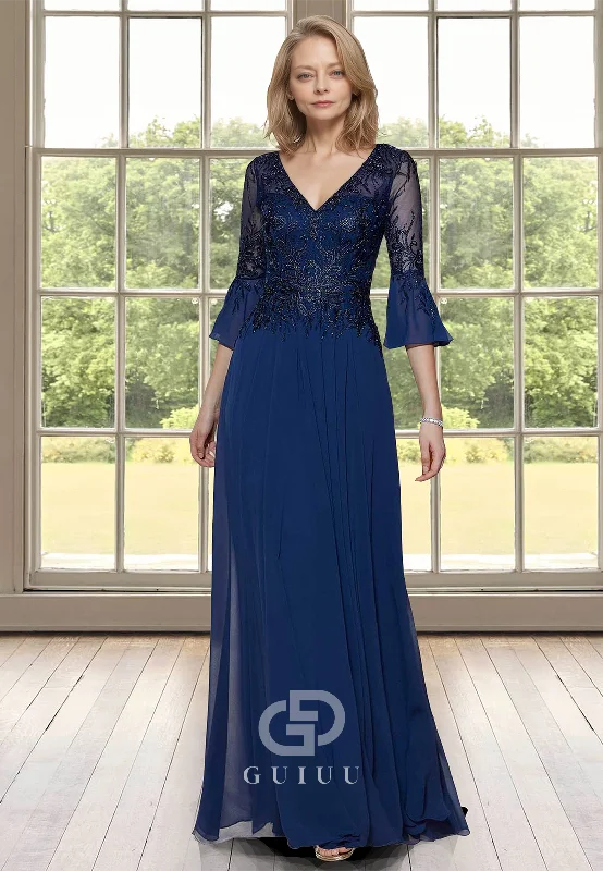 A-Line 3/4 Sleeves V-Neck Empire-Waist Corset Appliques Satin Mother of the Bride Dress Tunic Top Casual