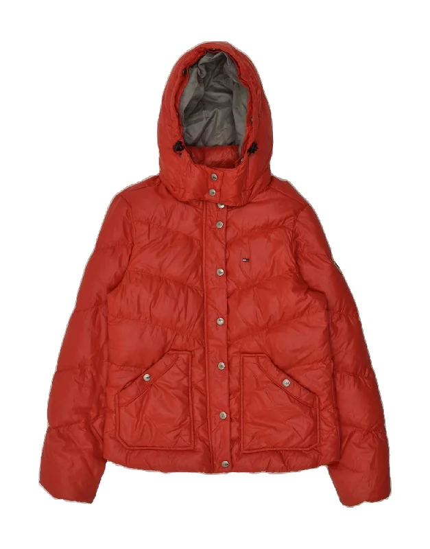 TOMMY HILFIGER Womens Hooded Padded Jacket UK 10 Small Red Nylon Plaid Jacket Tartan Jacket Houndstooth Jacket