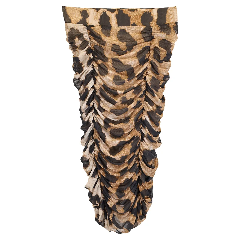 Ganni Ruched Leopard Print Midi Mesh Skirt in Brown Polyester denim skirt fashionable