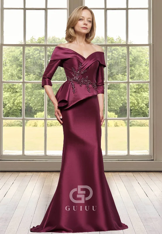 Chic Off-Shoulder Half Sleeves Empire-Waist Appliques Satin Mother of the Bride Dress Tunics stripes playful