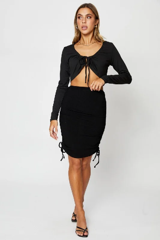 Black High Waist Side Ruched Bodycon Skirt linen skirt light