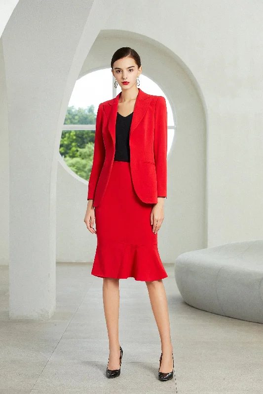 Red V-Neck Fishtail Skirt Suit slim fit skirt