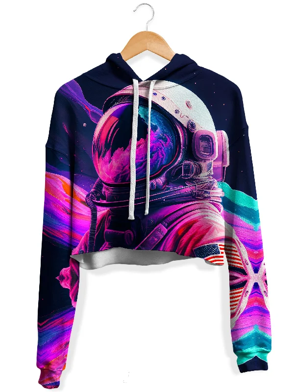 Synthwave Astronaut Fleece Crop Hoodie Hoodie with Contrast Stitching Detailed Premium