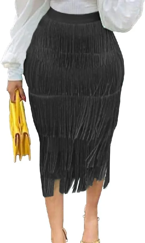 Sexy Black Fringe Midi Skirt chiffon skirt floaty